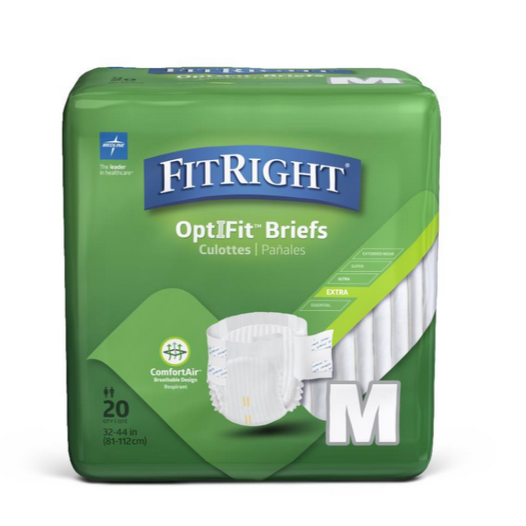 The FitRight Unisex Extra Incontinence Briefs, size M (waist 32-44 inches), offer a wetness indicator for convenience. Housed in green packaging with the ComfortAir logo and odor control features, each pack contains 20 briefs with an open brief illustration on the side.